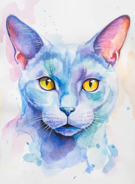 Russian Blue Cat painted in watercolor on a white background in a realistic manner, colorful, rainbow. Ideal for teaching materials, books and nature-themed designs. Cat paint splash icons