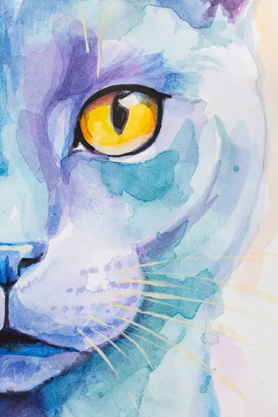 Portrait fragment Russian Blue Cat painted in watercolor on a white background in a realistic manner, colorful, rainbow. Ideal for teaching materials, books and nature-themed designs.