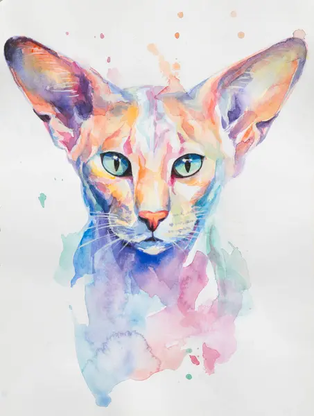 Oriental Shorthair Cat painted in watercolor on a white background in a realistic manner, colorful, rainbow. Ideal for teaching materials, books and nature-themed designs. Cat paint splash icons