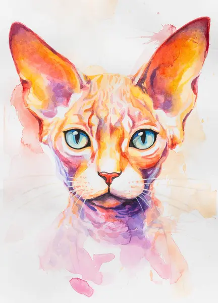 Devon Rex cat painted in watercolor on a white background in a realistic manner, colorful, rainbow. Ideal for teaching materials, books and nature-themed designs. Cat paint splash icons