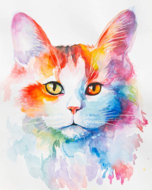 Türk Van Cat suluboya ile beyaz arka planda gerçekçi, renkli, gökkuşağı renginde boyanmış. Öğretmenlik malzemeleri, kitaplar ve doğa temalı tasarımlar için ideal. Kedi boyası sıçrama simgeleri