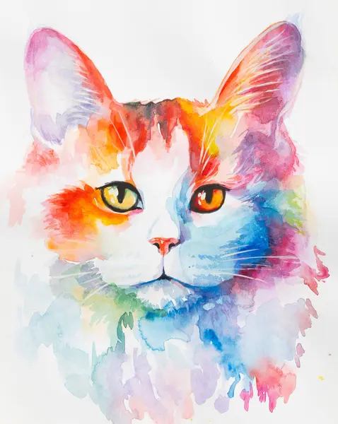 Turkish Van Cat painted in watercolor on a white background in a realistic manner, colorful, rainbow. Ideal for teaching materials, books and nature-themed designs. Cat paint splash icons