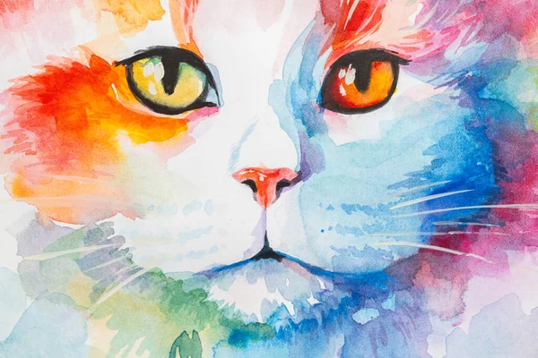 Portrait fragment Turkish Van Cat painted in watercolor on a white background in a realistic manner, colorful, rainbow. Ideal for teaching materials, books and nature-themed designs.
