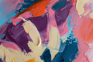 Tamamlayıcı renkler. Yağlı fırça darbesiyle, palet bıçağıyla tuvale boyanmış, soyut, renkli resim dokusu..