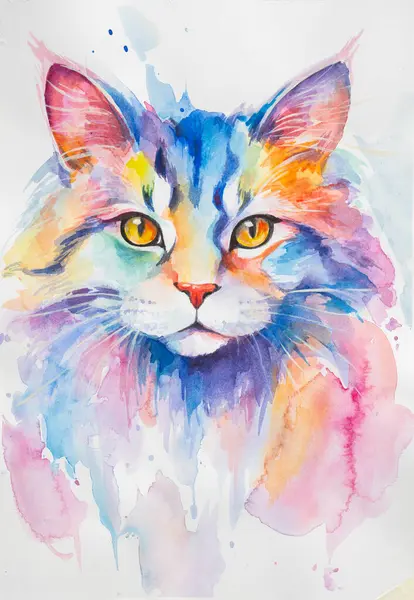 Norwegian Forest Cat painted in watercolor on a white background in a realistic manner, colorful, rainbow. Ideal for teaching materials, books and nature-themed designs. Cat paint splash icons