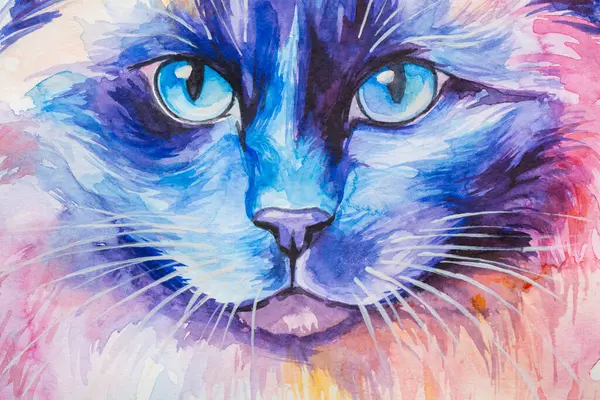Birman Cat painted in watercolor on a white background in a realistic manner, colorful, rainbow. Ideal for teaching materials, books and nature-themed designs. Cat paint splash icons
