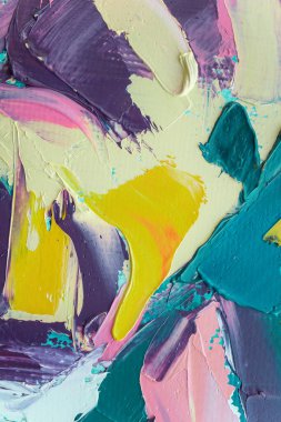 Tamamlayıcı renkler. Yağlı fırça darbesiyle, palet bıçağıyla tuvale boyanmış, soyut, renkli resim dokusu..