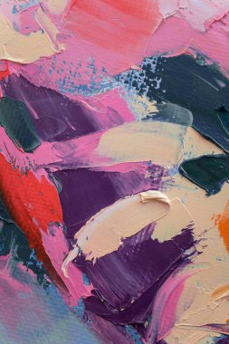 Tamamlayıcı renkler. Yağlı fırça darbesiyle, palet bıçağıyla tuvale boyanmış, soyut, renkli resim dokusu..