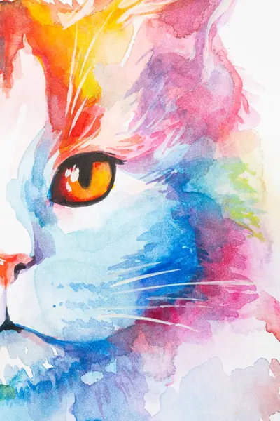 Portrait fragment Turkish Van Cat painted in watercolor on a white background in a realistic manner, colorful, rainbow. Ideal for teaching materials, books and nature-themed designs.