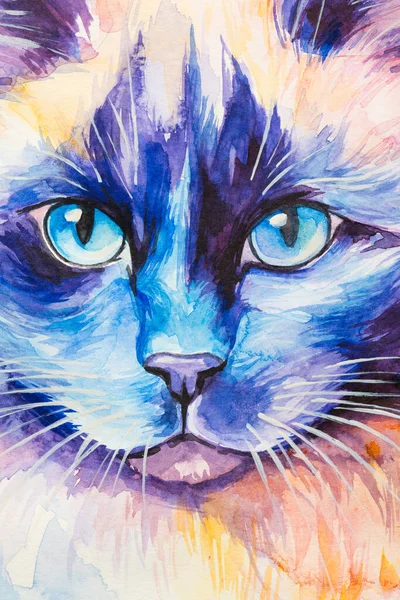 Portrait fragment Birman Cat painted in watercolor on a white background in a realistic manner, colorful, rainbow. Ideal for teaching materials, books and nature-themed designs. Cat paint splash icons