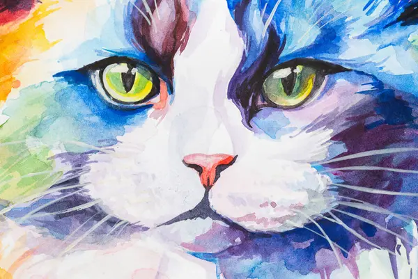 Portrait fragment Ragdoll Cat painted in watercolor on a white background in a realistic manner, colorful, rainbow. Ideal for teaching materials, books and nature-themed designs.