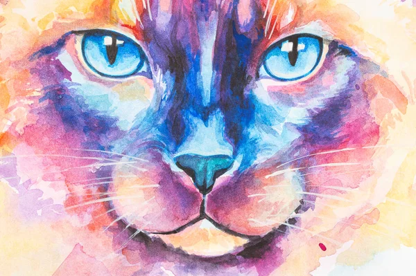 Portrait fragment Siamese Cat painted in watercolor on a white background in a realistic manner, colorful, rainbow. Ideal for teaching materials, books and nature-themed designs.