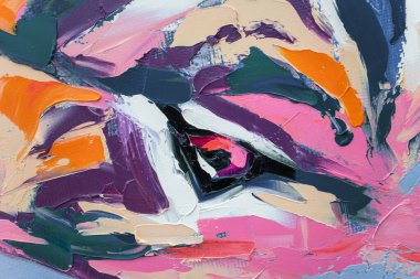 Tamamlayıcı renkler. Yağlı fırça darbesiyle, palet bıçağıyla tuvale boyanmış, soyut, renkli resim dokusu..