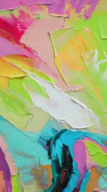 Renkli doku resminin bir parçası. Soyut sanat geçmişi. Tuval üzerine yağ. Sert fırça darbeleri. Yağlı boya ve palet bıçağıyla yapılmış bir resmin yakın çekimi. Yüksek desenli, yüksek kaliteli detaylar.