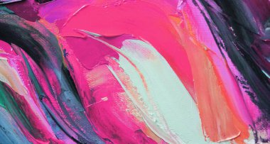 Renkli doku resminin bir parçası. Soyut sanat geçmişi. Tuval üzerine yağ. Sert fırça darbeleri. Yağlı boya ve palet bıçağıyla yapılmış bir resmin yakın çekimi. Yüksek desenli, yüksek kaliteli detaylar.