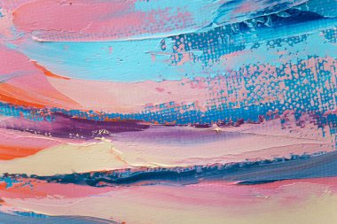 Tamamlayıcı renkler. Yağlı fırça darbesiyle, palet bıçağıyla tuvale boyanmış, soyut, renkli resim dokusu..