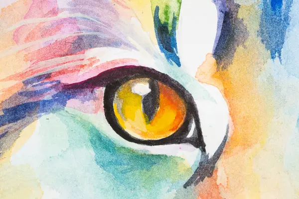 Eye of Norwegian Forest Cat painted in watercolor on a white background in a realistic manner, colorful, rainbow. Ideal for teaching materials, books and nature-themed designs.