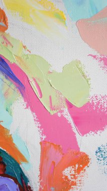 Renkli doku resminin bir parçası. Soyut sanat geçmişi. Tuval üzerine yağ. Sert fırça darbeleri. Yağlı boya ve palet bıçağıyla yapılmış bir resmin yakın çekimi. Yüksek desenli, yüksek kaliteli detaylar.