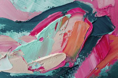 Tamamlayıcı renkler. Yağlı fırça darbesiyle, palet bıçağıyla tuvale boyanmış, soyut, renkli resim dokusu..