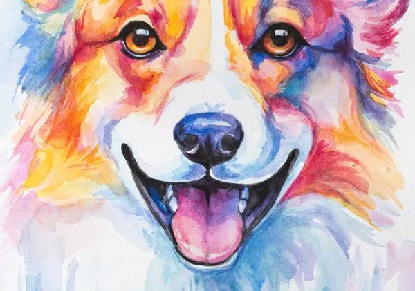 Illustration Portrait of Welsh Corgi Pembroke. Cute dog isolated on white background. watercolor dog faces, colorfull dog portrait isolated on white background. dog paint splash icons.