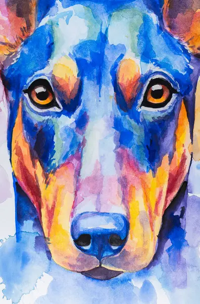Dog Doberman Pinscher painted in watercolor on a white background in a realistic manner, colorful, rainbow.