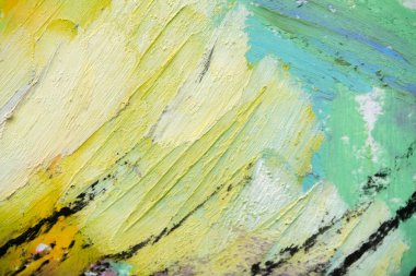 Petrol pastelleri ile çizilmiş kavramsal soyut resim. Yağlı boya boya renkli renklerde. Yağlı boya tablonun kağıt üzerindeki kavramsal yakınlaşması.