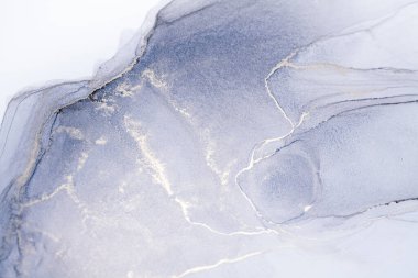 Gri ve gri renkli, girdap şeklinde soyut bir sanat eserinin yakın plan fotoğrafı. Mürekkep girdapları büyüleyici bir şekil yaratıyor. Gümüş mürekkep parçaya hafif bir parıltı ekliyor..