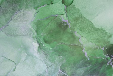 Sanat eserlerinde, yeşil renkli canlı bir duvar halısı var. Sıvı bir düzende, benzersiz dokularını ve derinliğini vurgulayan büyüleyici bir soyut tasarım yaratıyor..