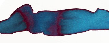 Bu sanat eseri, koyu kırmızı aksanlarla harmanlanmış zengin mavi tonları vurgulayan akan bir suluboya tasarımı içeriyor..