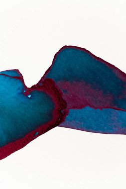 Renkli suluboya sanat eserleri dinamik mavi ve koyu kırmızı şekiller gösterir harmonik olarak harmanlanmış, akışkanlık ve canlı renkler sergiler.