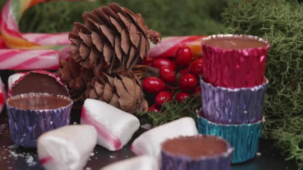 Diferentes Tipos Dulces Chocolates Navidad Filmado Estudio Con Decoración Navideña — Vídeos de Stock