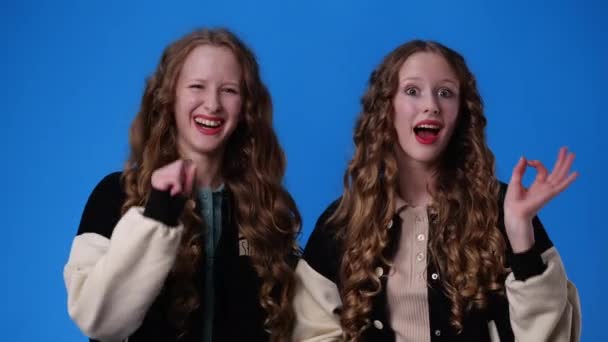 Βίντεο Δίδυμα Κορίτσια Που Δείχνουν Σημάδι Μπλε Φόντο Έννοια Των — Αρχείο Βίντεο