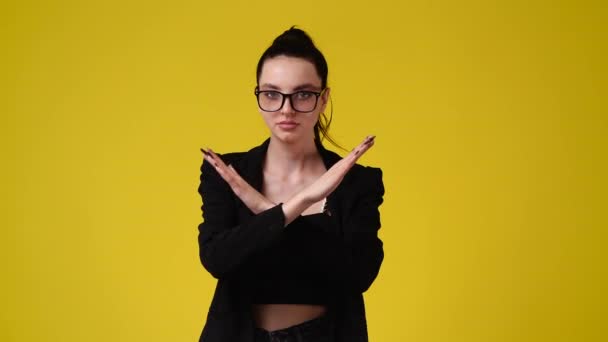 Slow Motion Video One Girl Crossed Hands Yellow Background Concept — Stock videók