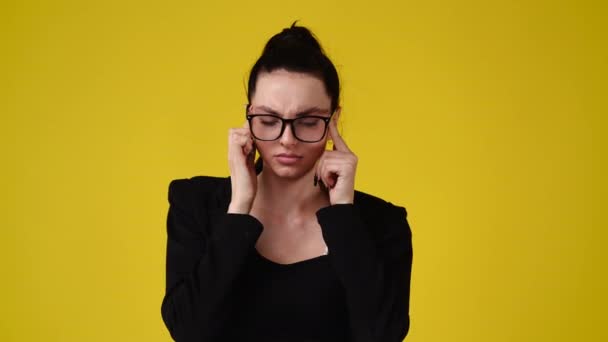 Slow Motion Video One Girl Having Headache Yellow Background Concept — Stock Video