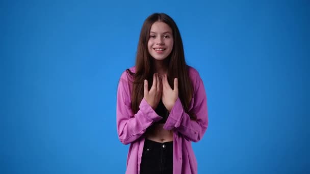 Slow Motion Video One Girl Gesturing Blue Background Concept Emotions — Stockvideo