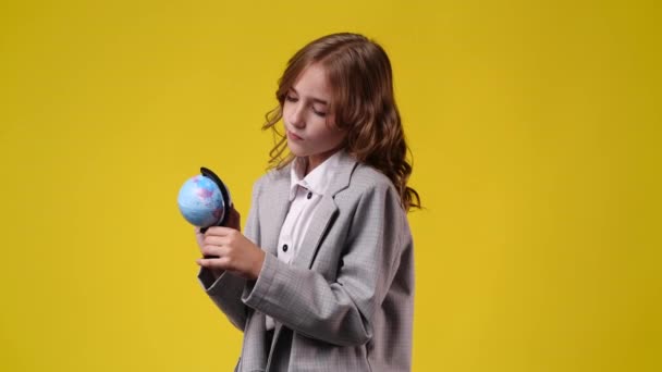 Slow Motion Video One Girl Looking Small Globe Concept Emotions — Stockvideo