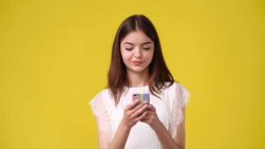 4k slow motion video of one girl sending message with positive facial expression. Concept of emotions.