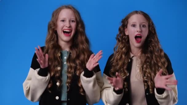 Video Cámara Lenta Dos Chicas Gemelas Riendo Mirando Cámara Concepto — Vídeo de stock
