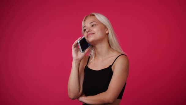 Video One Girl Talking Phone Someone Pink Background Concept Emotions — Vídeo de Stock