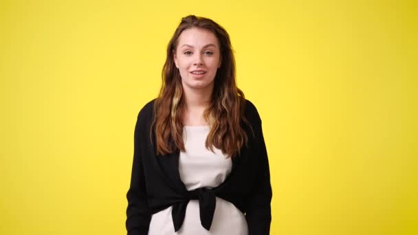 Video One Girl Excited Something Yellow Background Concept Emotions — Vídeo de Stock