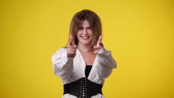 Video One Woman Showing Thumbs Smiling Yellow Background Concept Emotions — Stockvideo