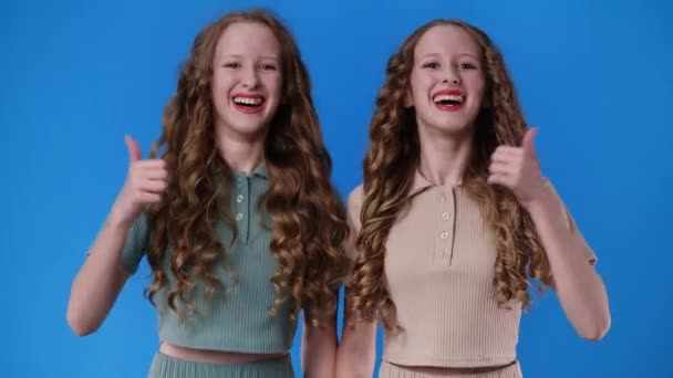 Vídeo Câmera Lenta Gêmeos Mostrando Polegares Para Cima Sorrindo Sobre — Vídeo de Stock