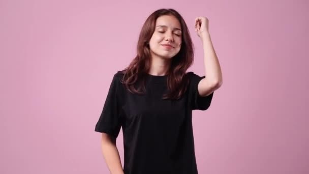 Video One Girl Emotionally Rejoices Yellow Background Concept Emotions — Vídeo de Stock