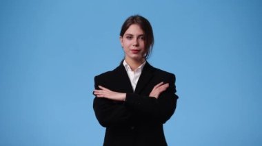 4k video of cute woman over blue background. Concept of emotions.