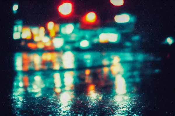 Night City Lights Rain Bokeh Flares Reflections High Quality Illustration — Stock Photo, Image