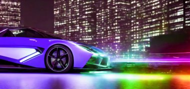 Metastazlı bir şehirde gelecekçi konsept spor araba. Neon parlıyor. Yüksek kalite 3d illüstrasyon