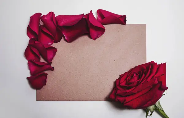 stock image Horizontal photo of brown kraft paper under rose petals and big gorgeous red rose bud. Romantic card mockup with copy space.