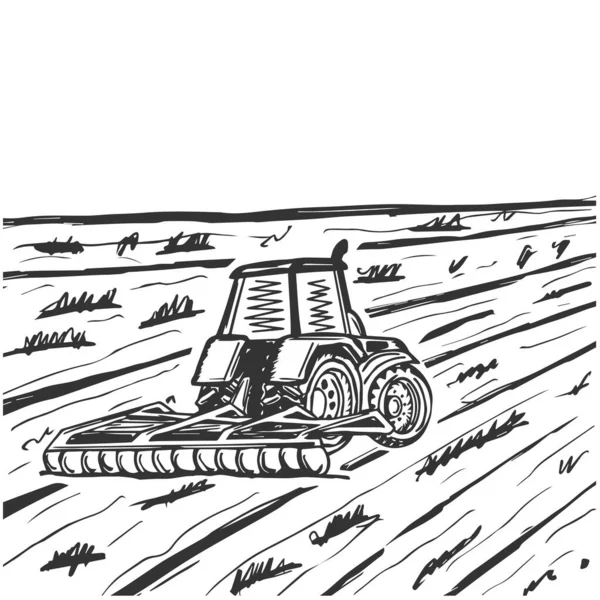 Tractor Trabajando Ilustración Vector Dibujo Mano Campo — Vector de stock
