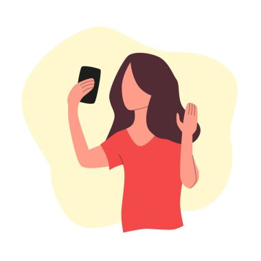 Kız, telefon vektörü illüstrasyonunda video kullanarak biriyle iletişim kuruyor.