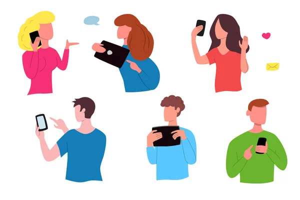 Stock vector People communicate through smartphones and tablets